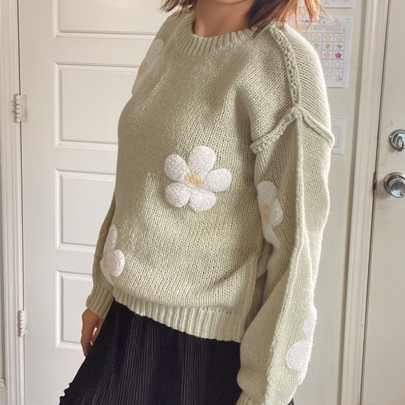 Cozy Sage Daisy Fuzzy Patch Reverse Stitch Sweater Top - Picture 8 of 11